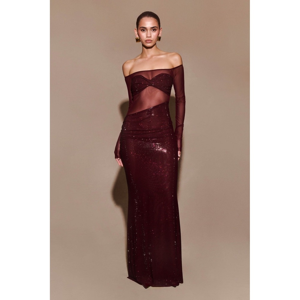 MESHKI Nash Diamante Off Shoulder Maxi Dress Mahogany Size S